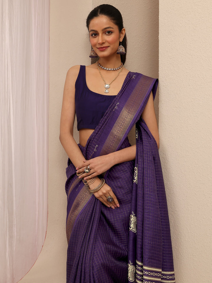 Purple Printed Silk Blend Saree With Unstitched Blouse Piece