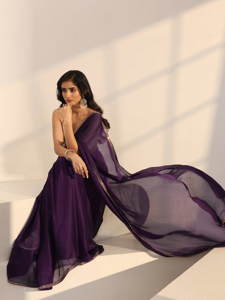 Libas Purple Solid Chiffon Pre Draped Saree