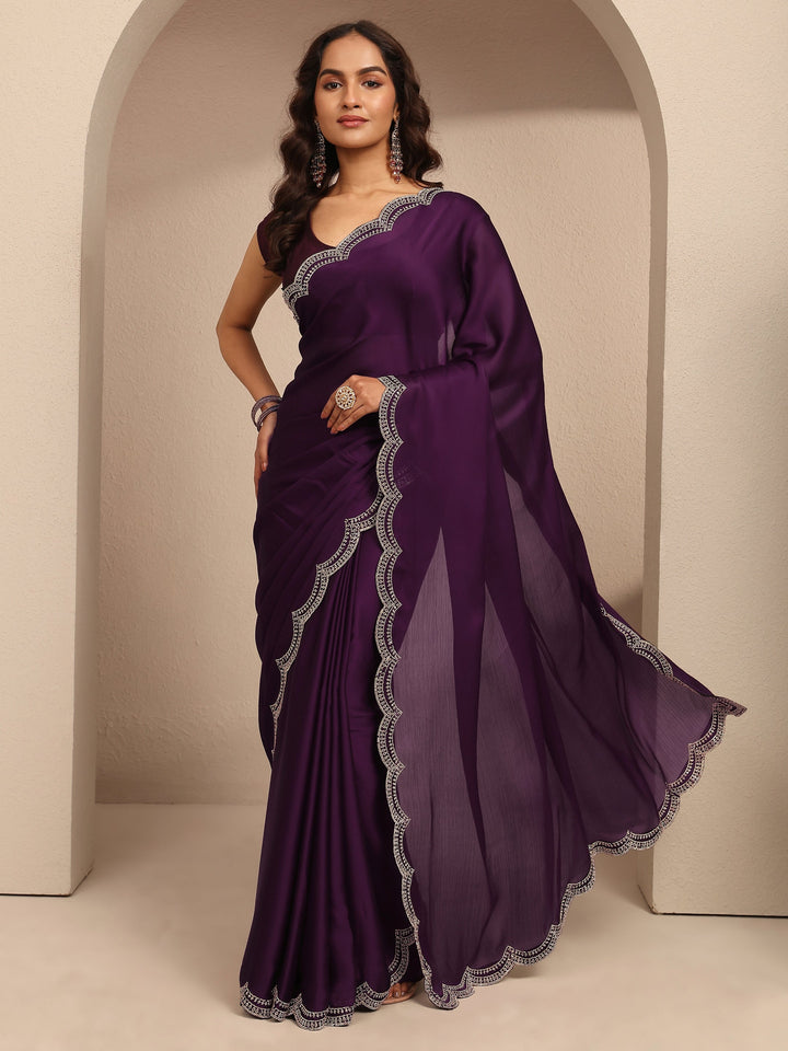 Purple Solid Silk Blend Saree With Unstitched Blouse Piece