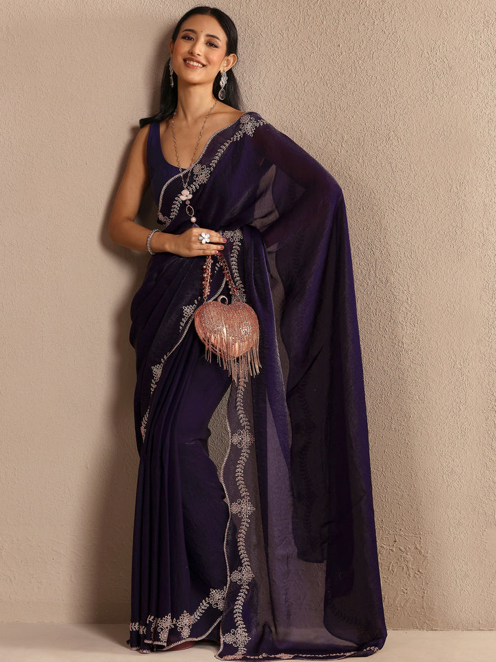 Purple Solid Silk Blend Saree With Unstitched Blouse Piece