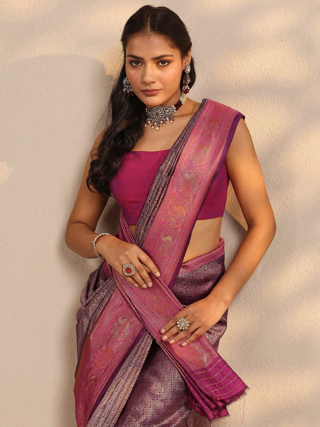Purple Woven Design Silk Blend Saree With Unstitched Blouse Piece