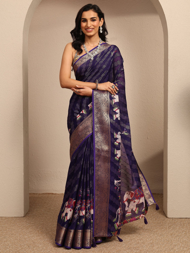 Purple Woven Design Silk Blend Saree With Unstitched Blouse Piece