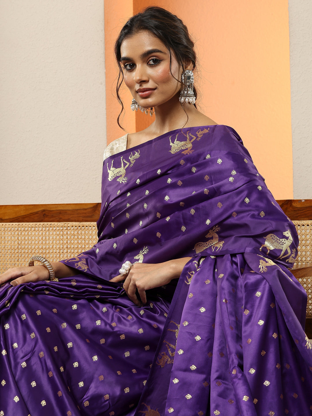 Purple Woven Design Silk Blend Sarees With Unstitched Blouse Piece