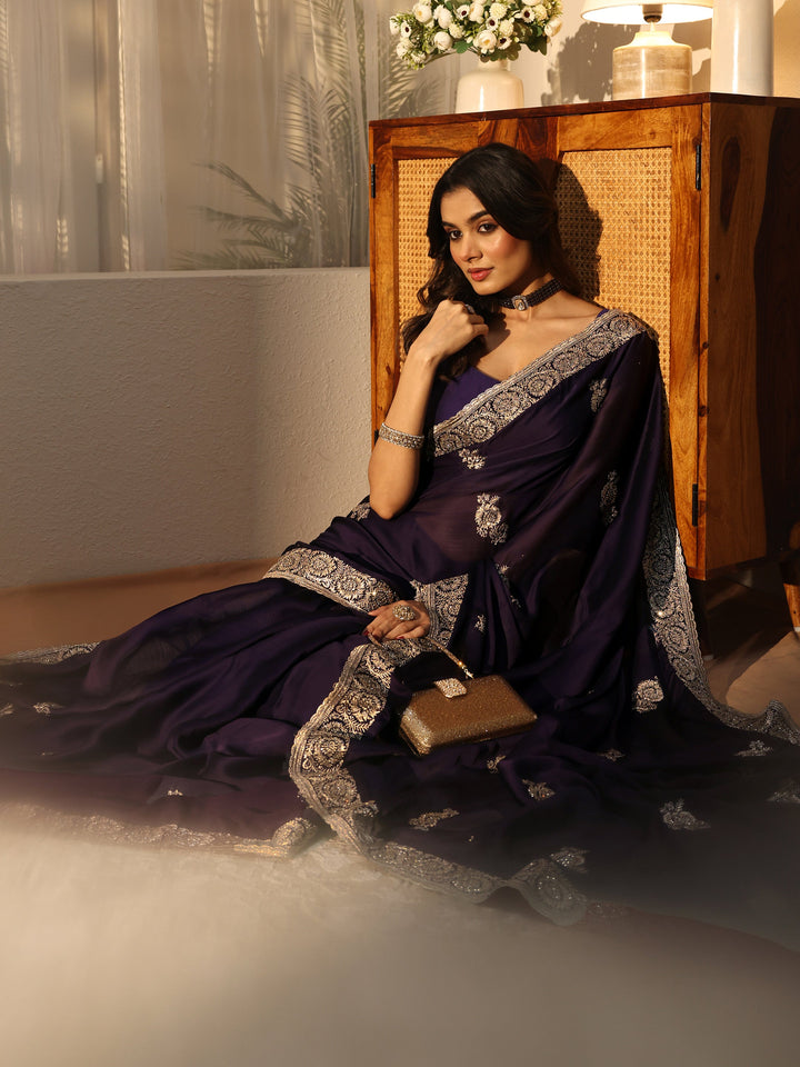 Purple Floral Embroidered Chiffon Saree