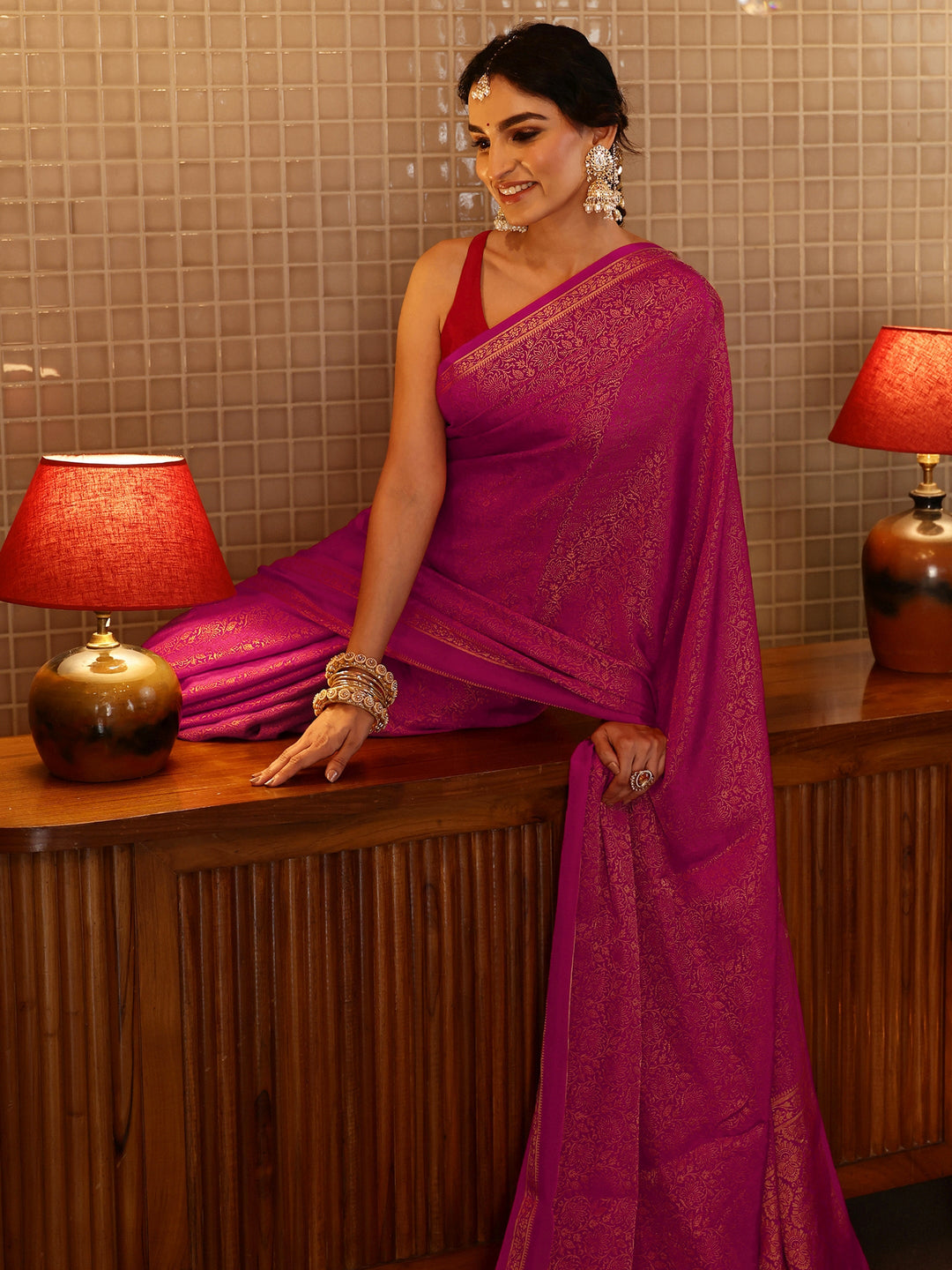 Rani Pink Banarasi Silk Blend Saree