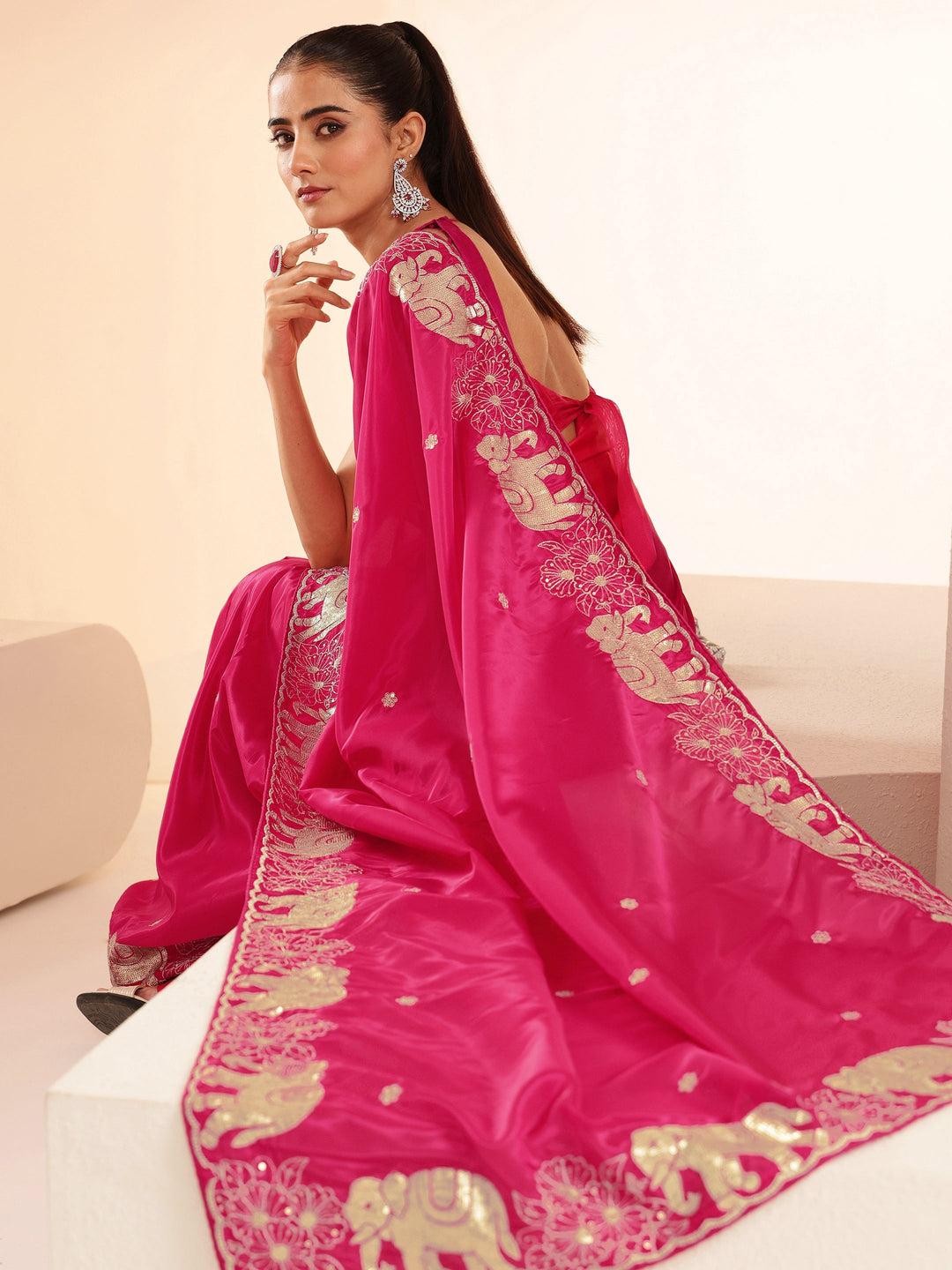 Rani Pink Embellished Satin Saree with Gaja Motif Border