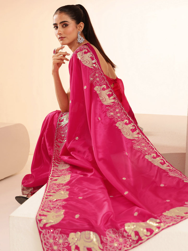 Libas Rani Pink Embellished Satin Saree with Gaja Motif Border
