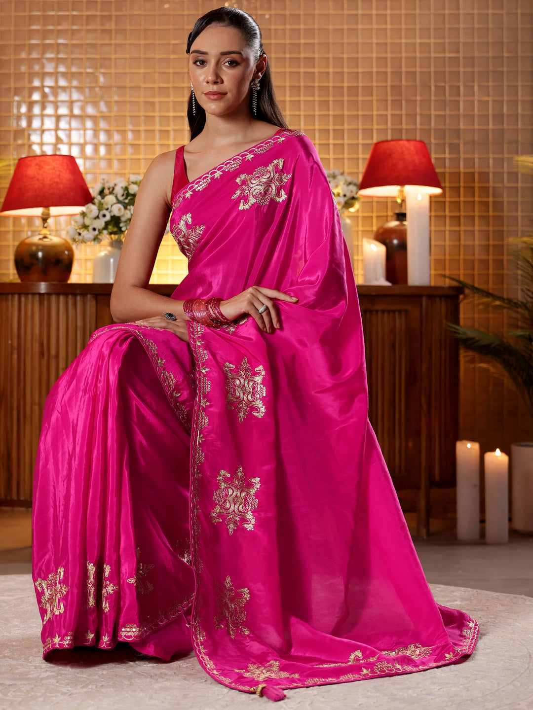 Rani Pink Ethnic Embroidered Silk Blend Saree