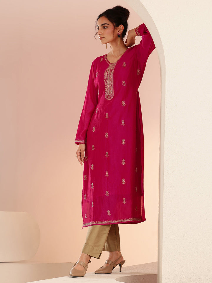 Libas Rani Pink Ethnic Embroidered Silk Blend Straight Kurta