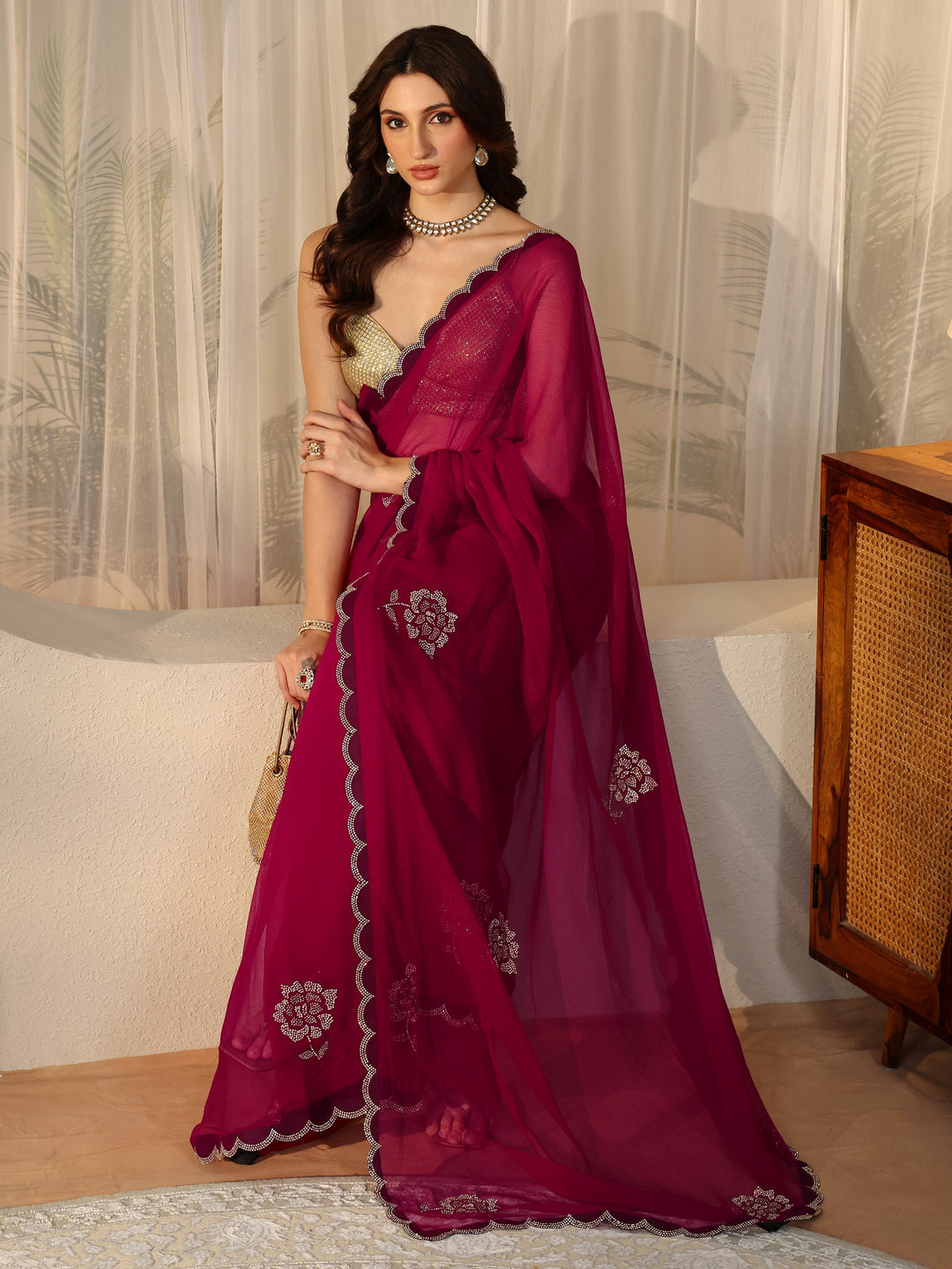 Libas Rani Pink Floral Embellished Georgette Saree