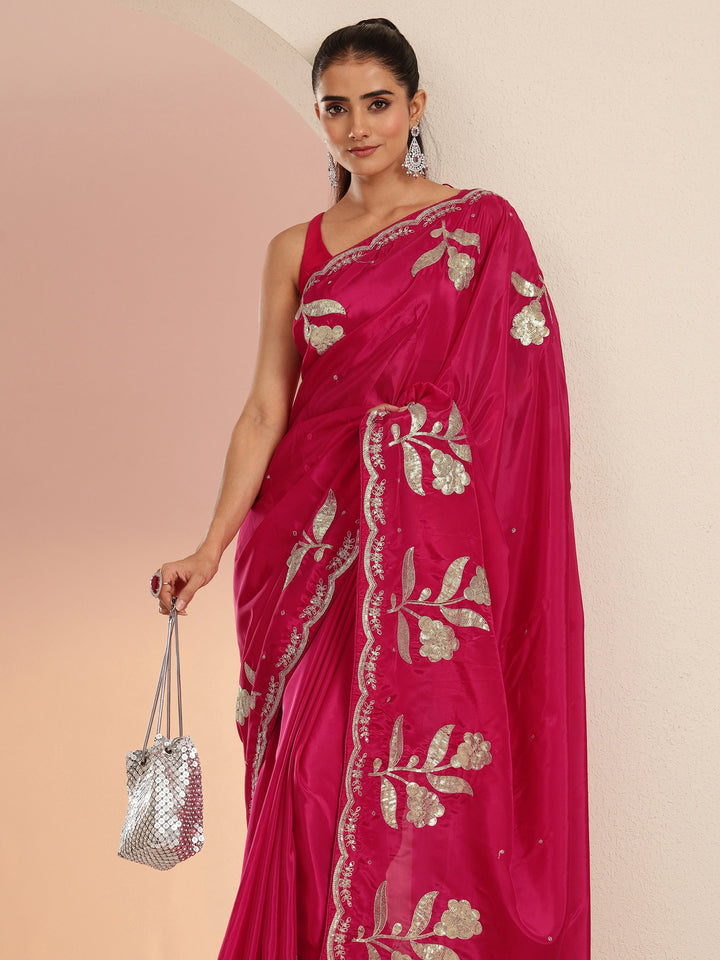 Libas Rani Pink Floral Embellished Satin Saree