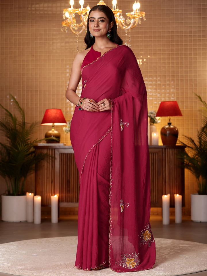 Rani Pink Floral Embellished Silk Blend Saree