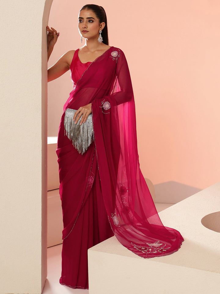 Libas Rani Pink Floral Embellished Chiffon Saree