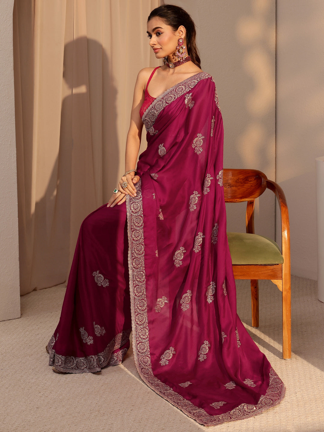 Rani Pink Floral Embroidered Chiffon Saree