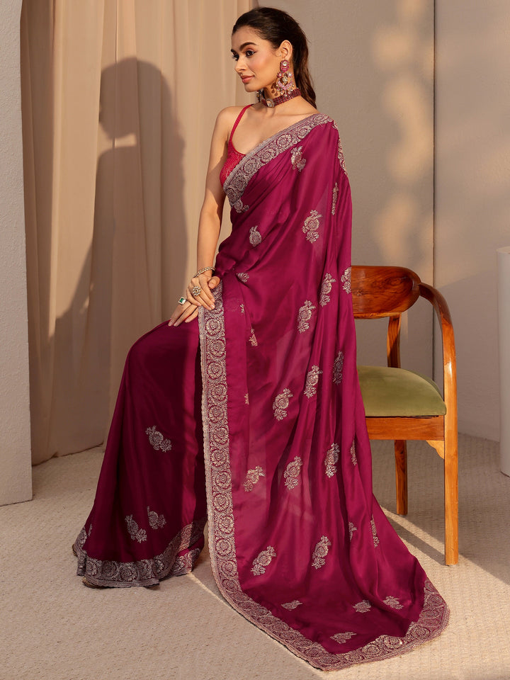 Libas Rani Pink Floral Embroidered Chiffon Saree