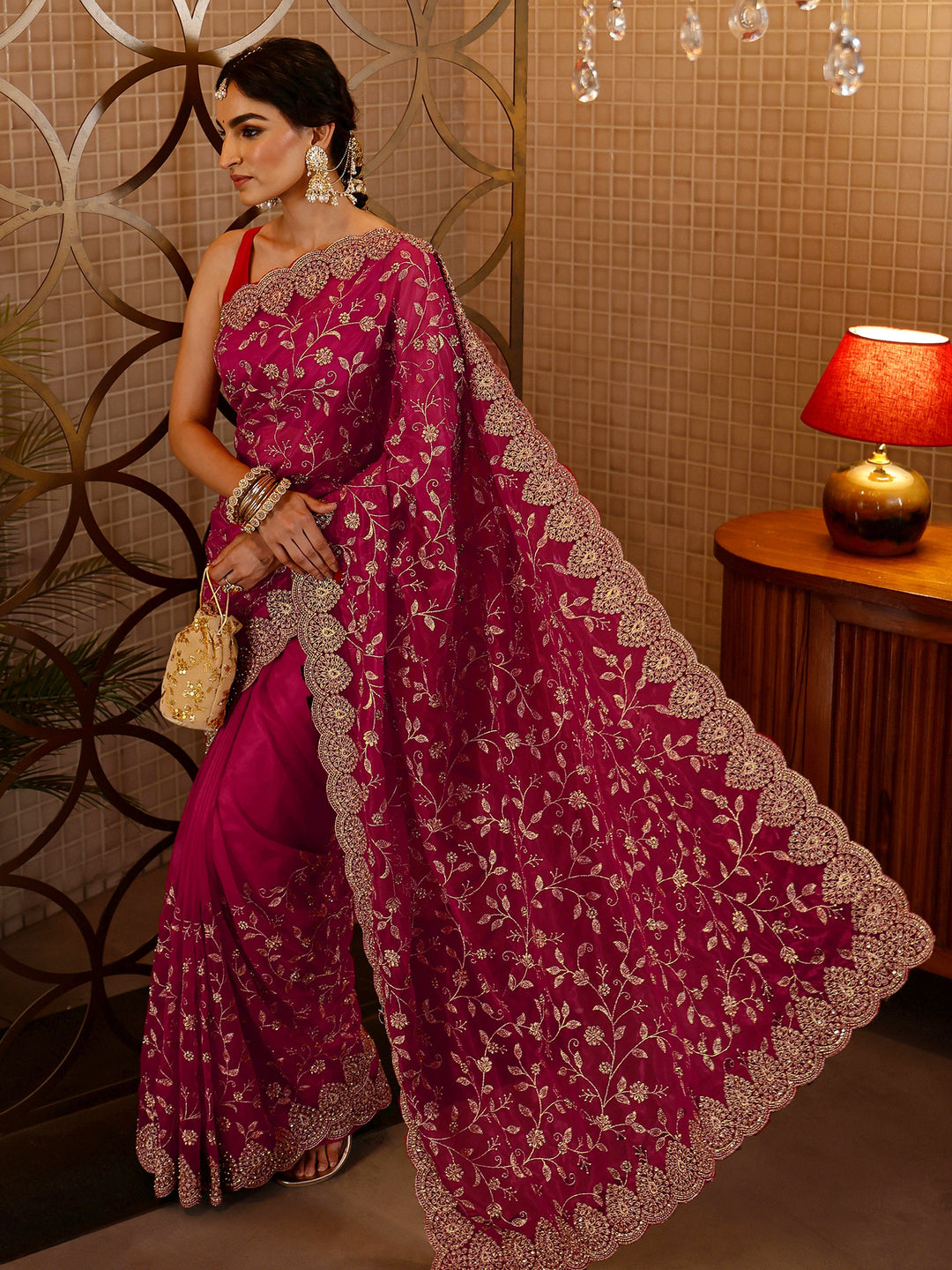 Rani Pink Floral Embroidered Net Saree
