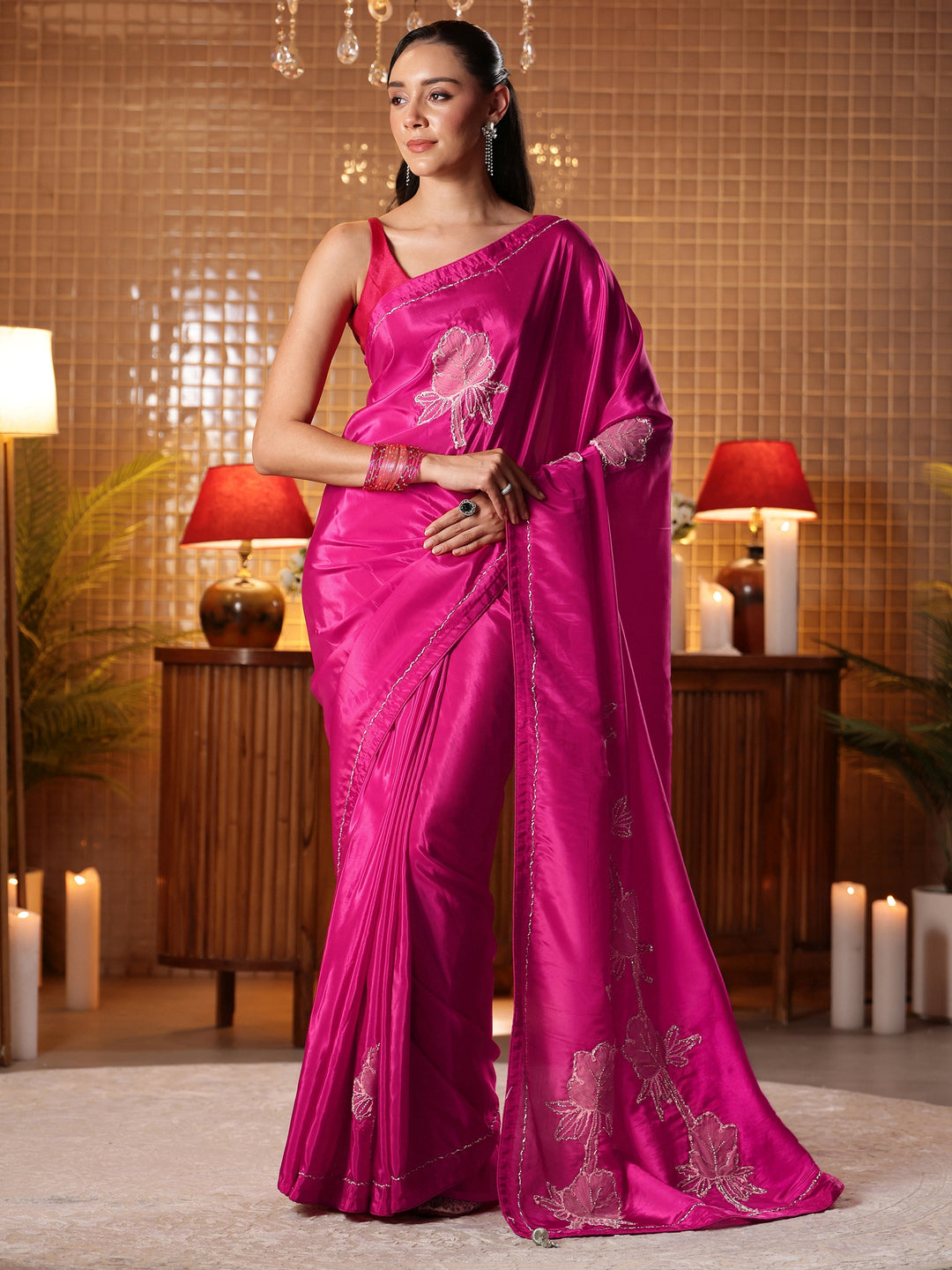 Rani Pink Floral Embroidered Silk Blend Saree