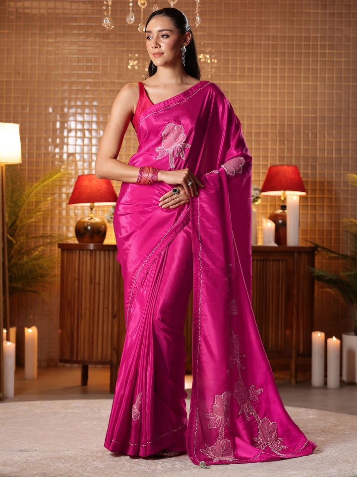 Rani Pink Floral Embroidered Silk Blend Saree