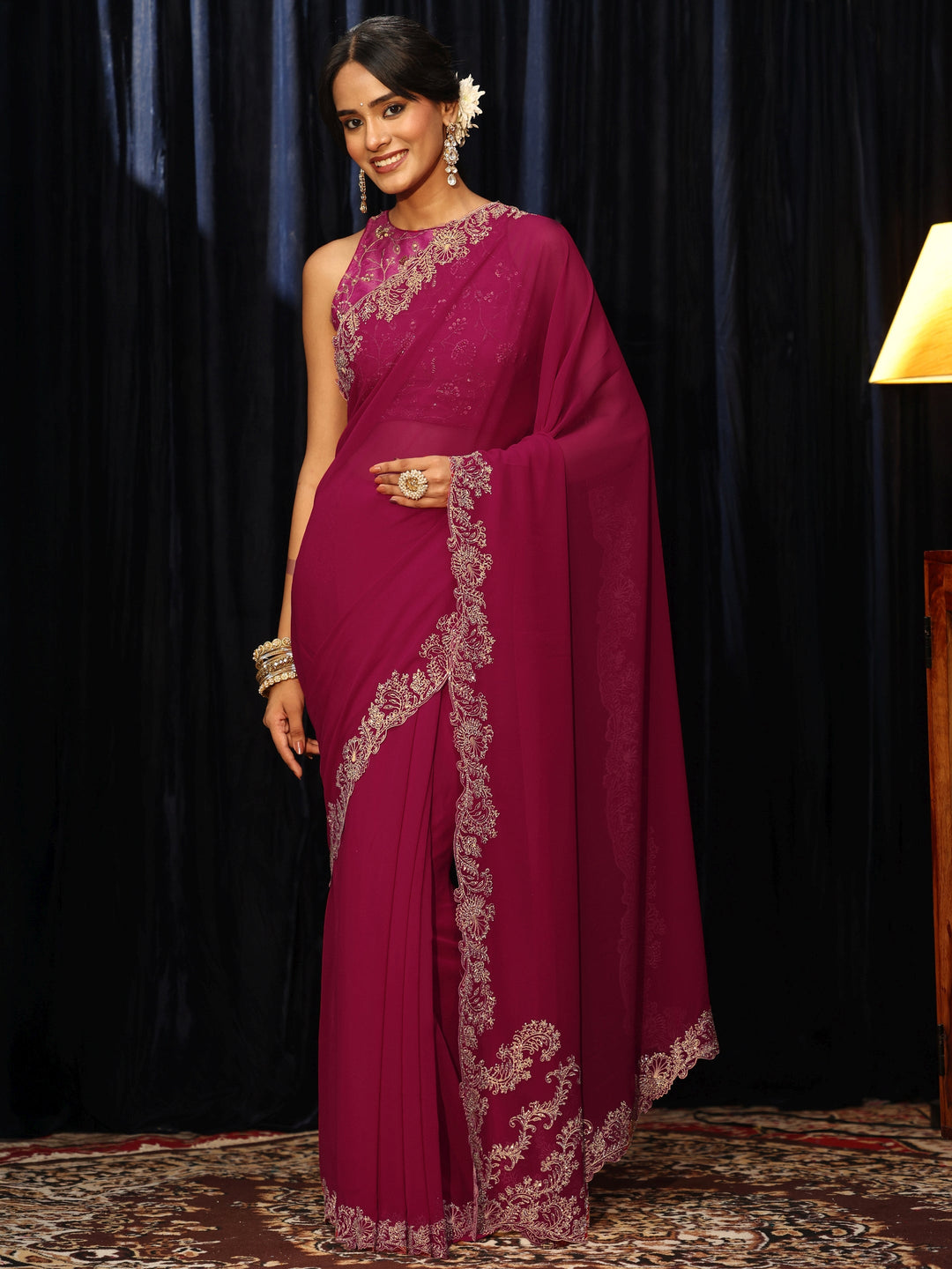 Libas Rani Pink Georgette Saree with Embroidered Border