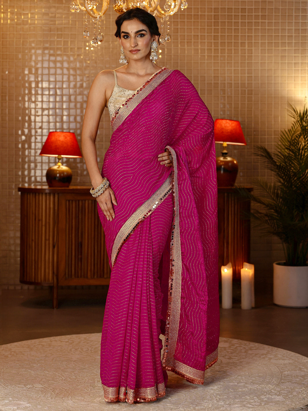 Rani Pink Leheriya Embellished Tissue Saree