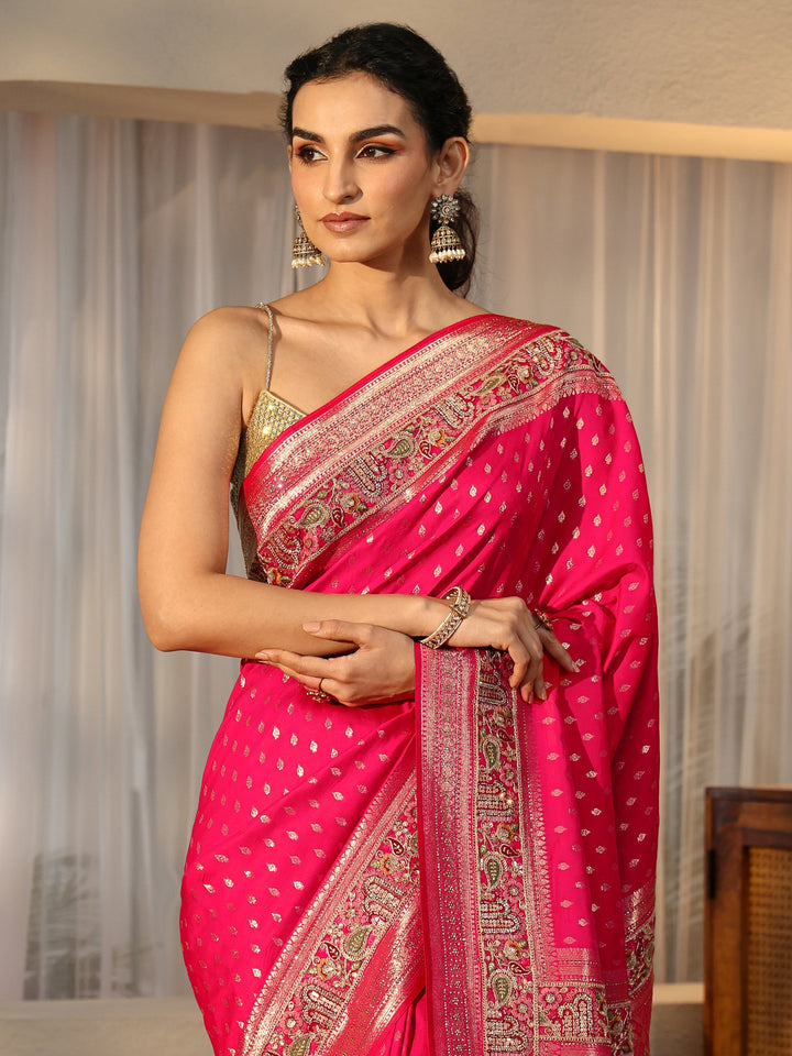 Libas Art Rani Pink Silk Blend Saree with Woven Border