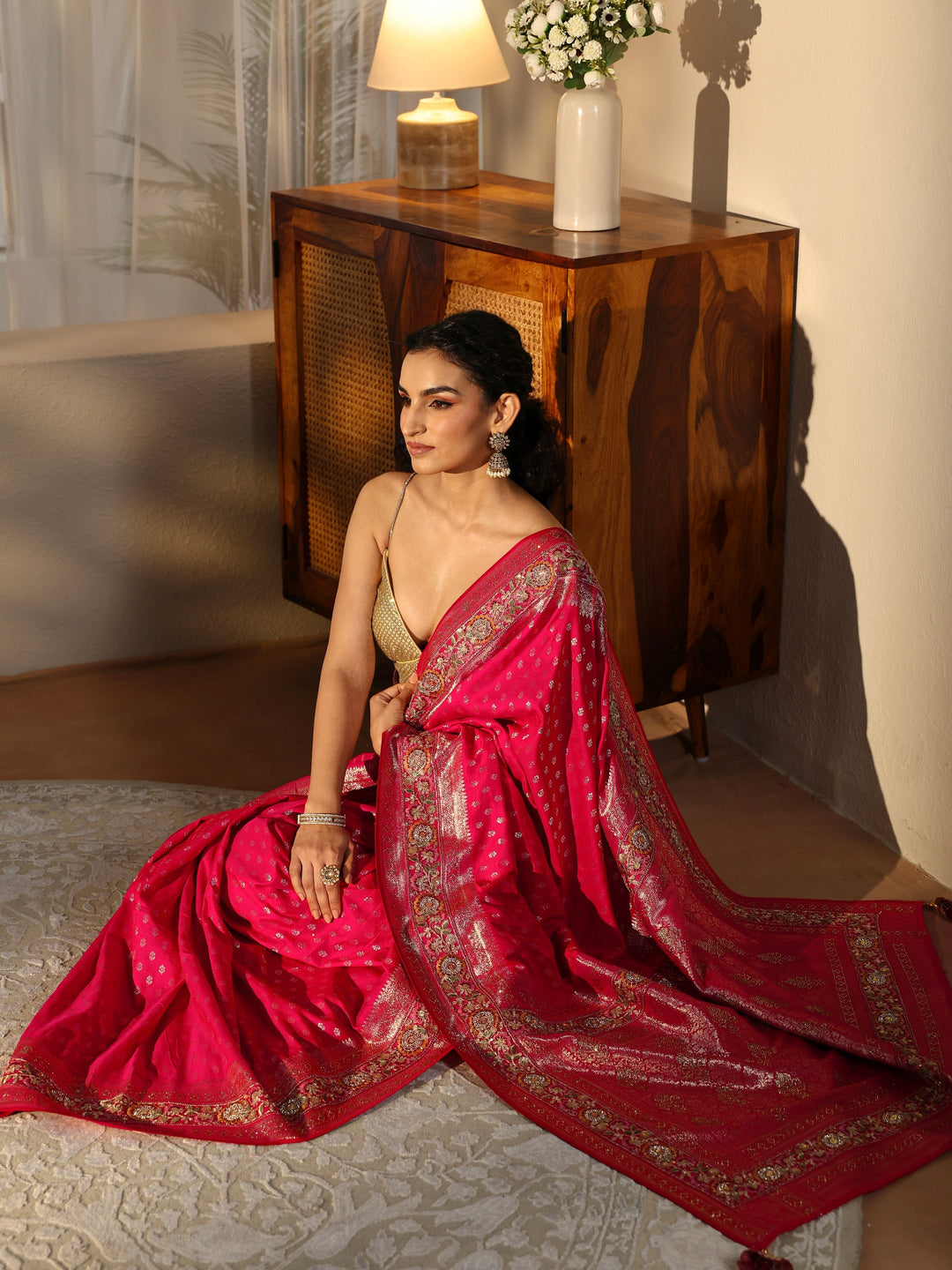 Libas Art Rani Pink Silk Blend Saree with Woven Border