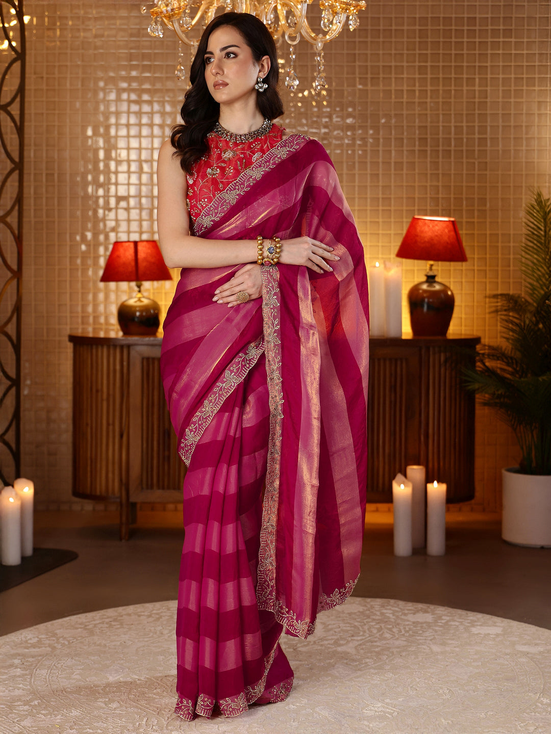 Rani Pink Striped Silk Blend Saree