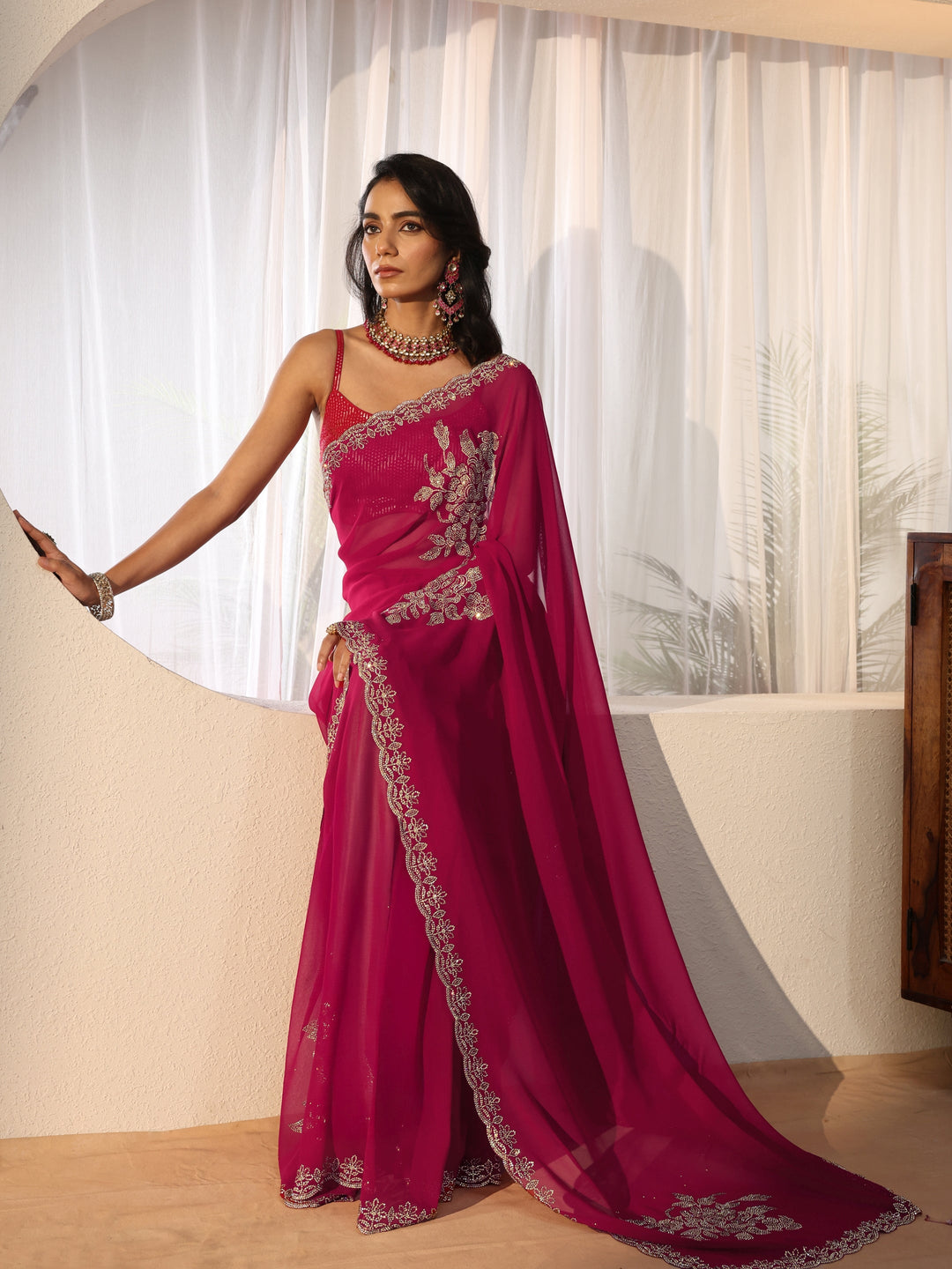 Rani Pink Floral Embellished Georgette Saree