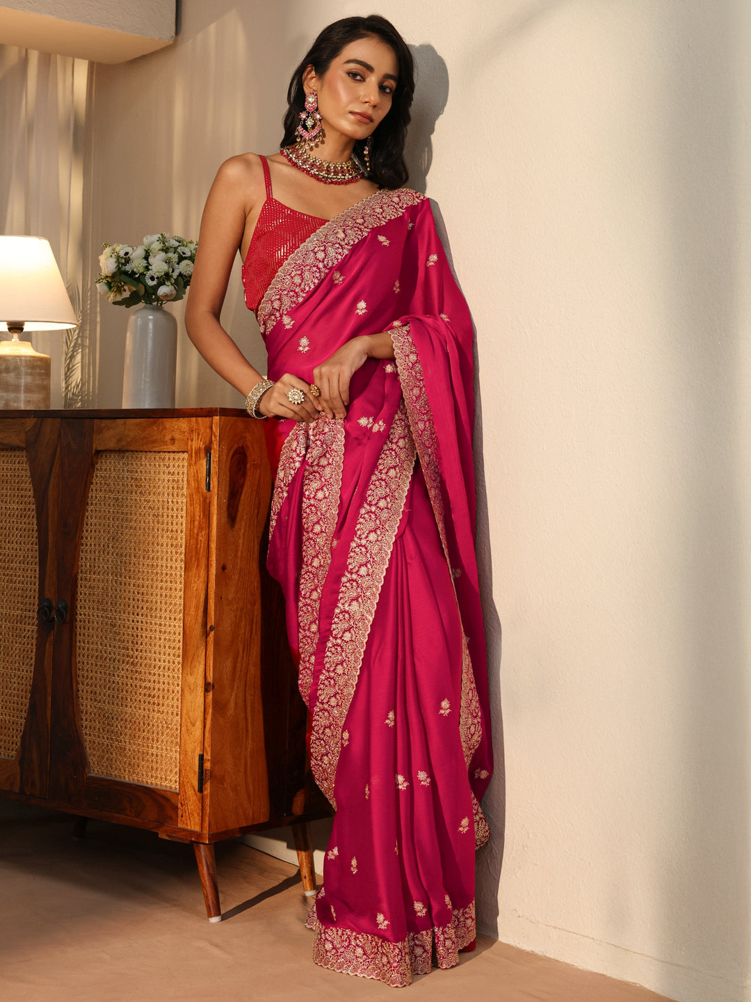 Rani Pink Floral Embroidered Chiffon Saree