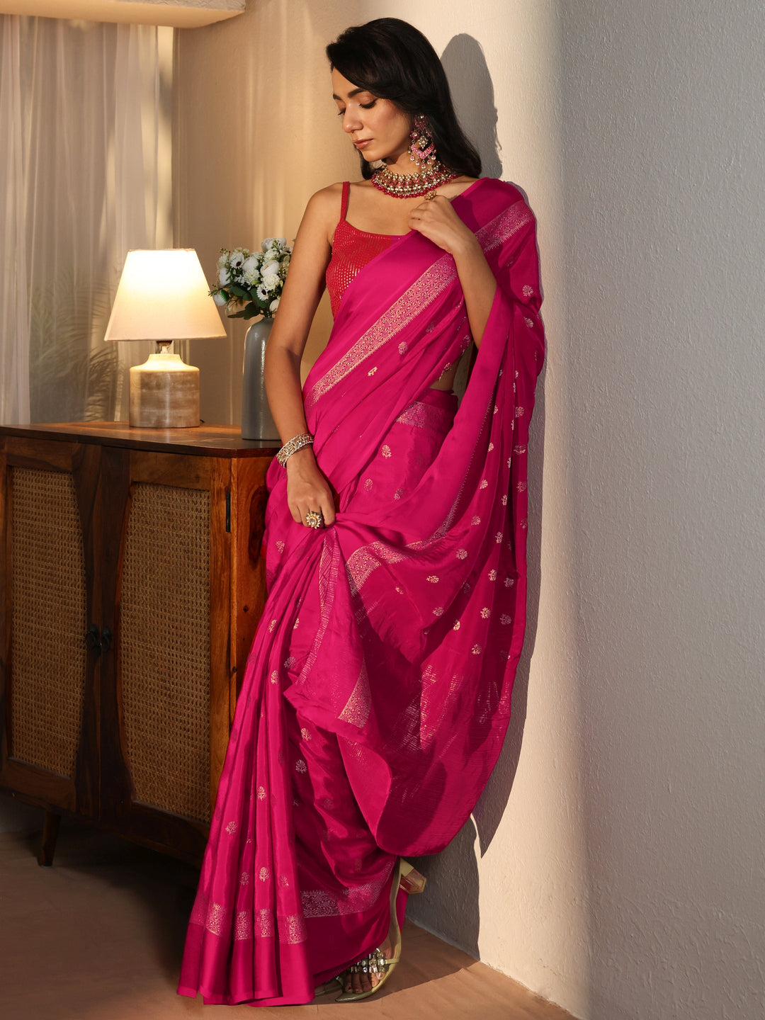 Rani Pink Woven Design Silk Blend Saree
