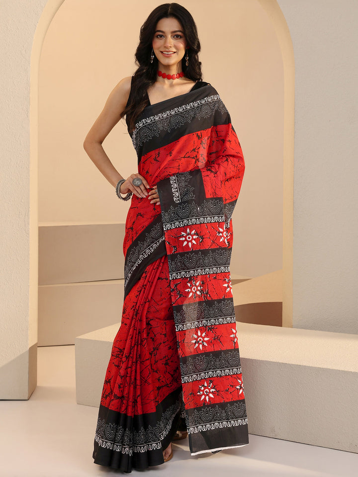 Libas Red Batik Print Cotton Saree
