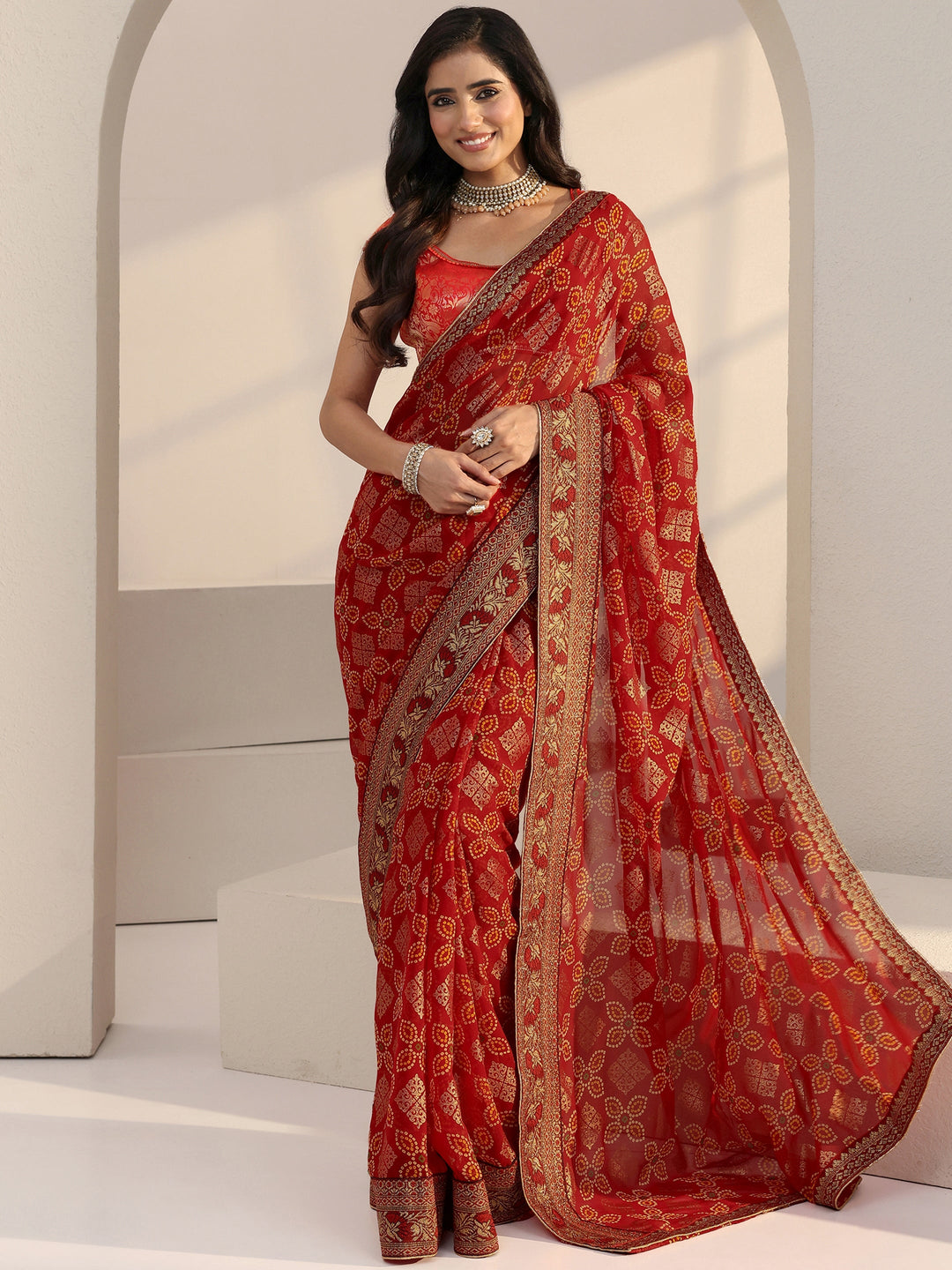 Red Bandhani Print Pre Draped Georgette Saree