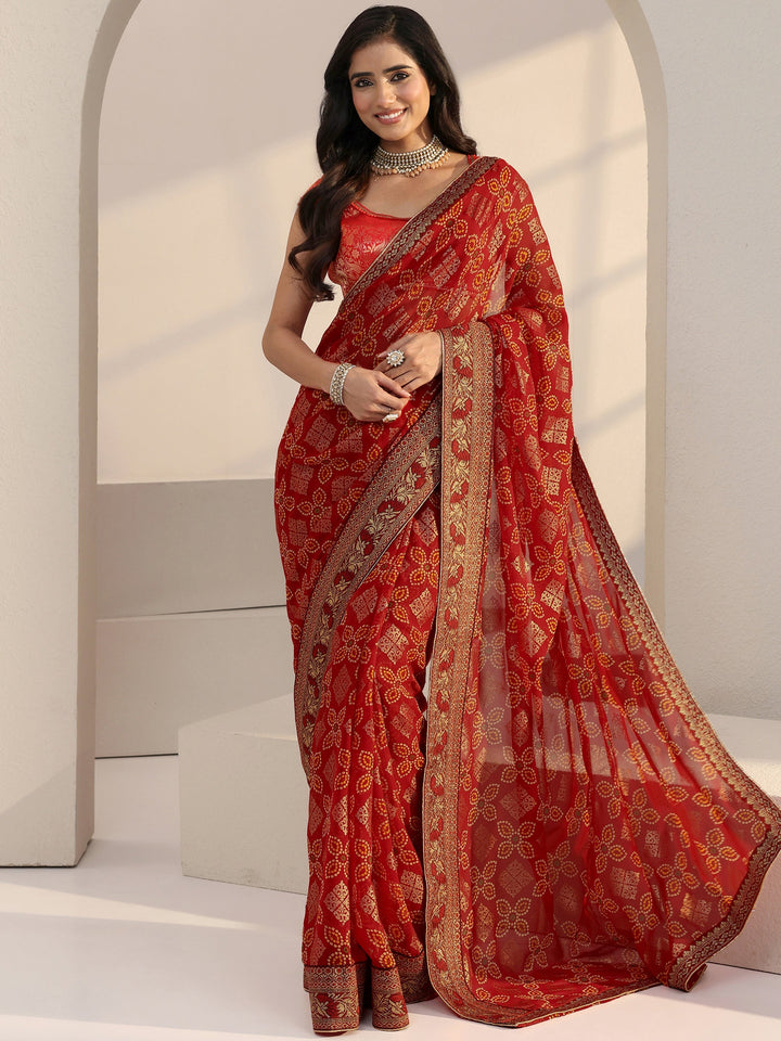 Libas Red Bandhani Print Pre Draped Georgette Saree