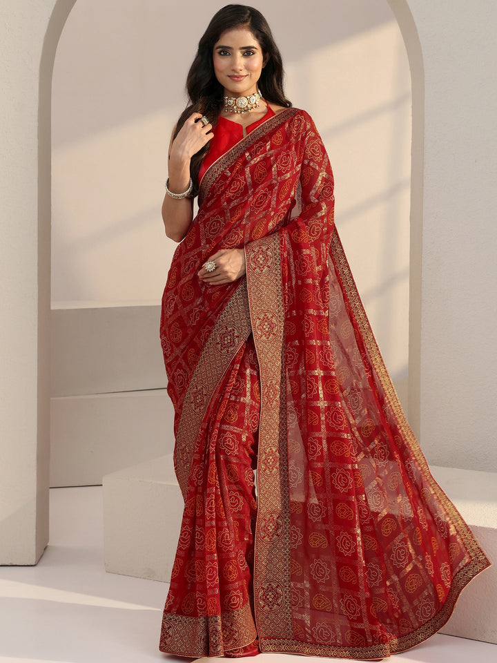 Libas Red Bandhani Printed Georgette Pre Draped Saree