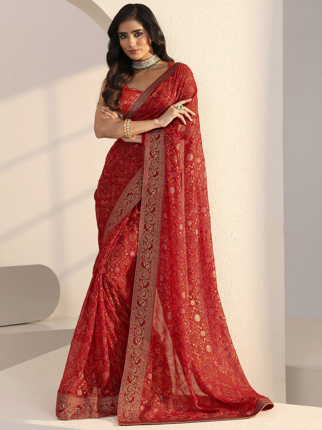 Red Bandhani Printed Georgette Pre Draped Saree