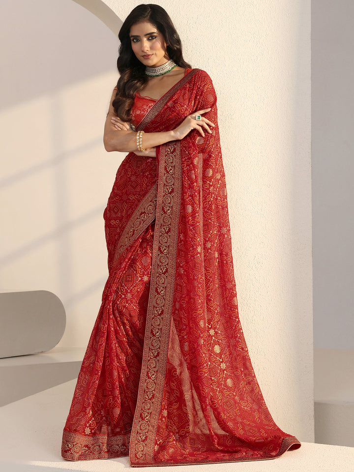 Libas Red Bandhani Printed Georgette Pre Draped Saree