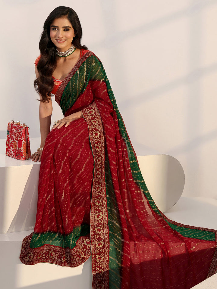 Libas Red Bandhani Printed Georgette Pre Draped Saree