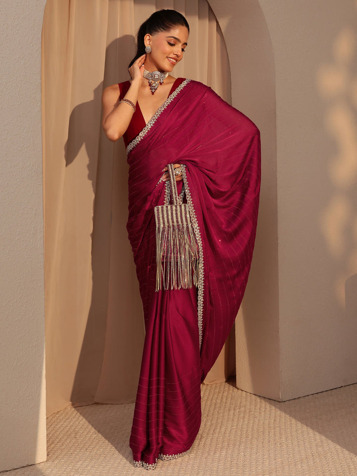 Libas Red Embellished Chiffon Saree