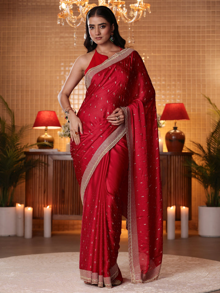 Libas Red Embellished Chiffon Saree