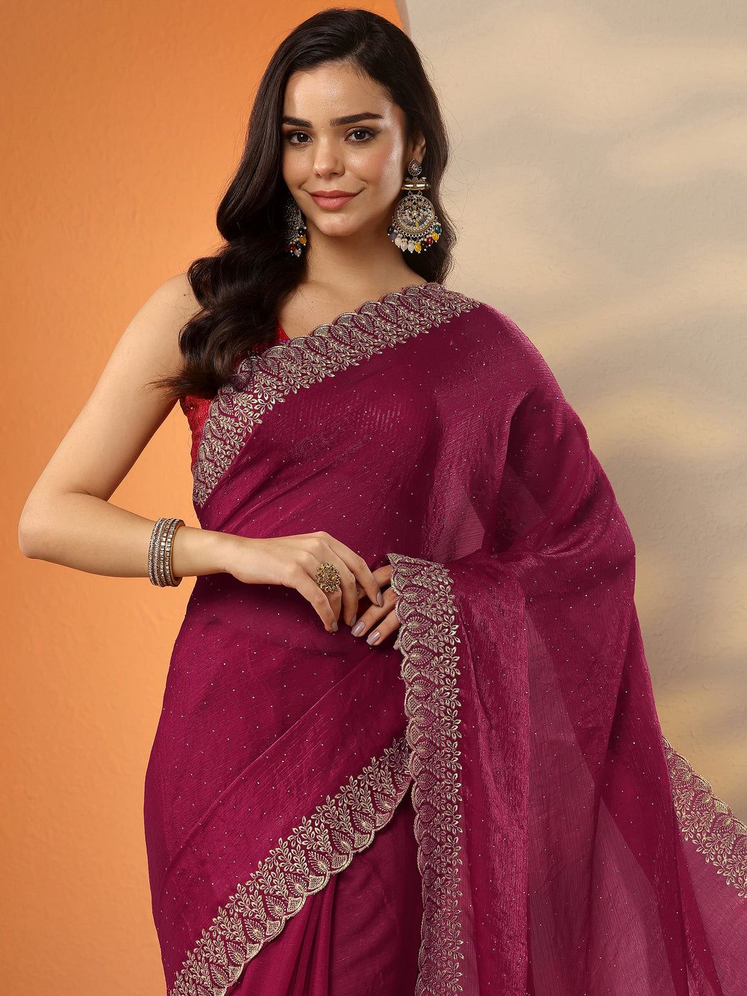 Red Embellished Organza Saree With Unstitched Blouse Piece