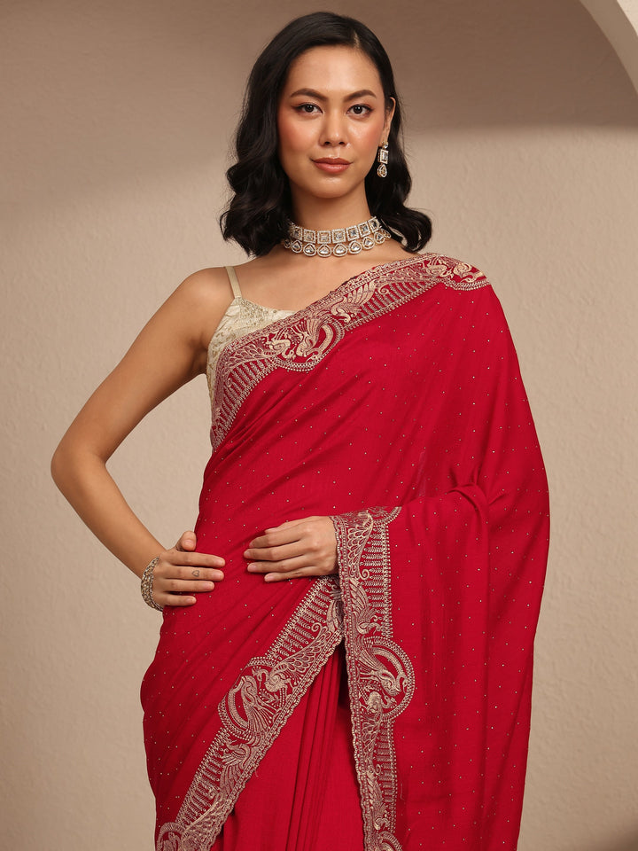 Red Embellished Silk Blend Saree With Unstitched Blouse Piece