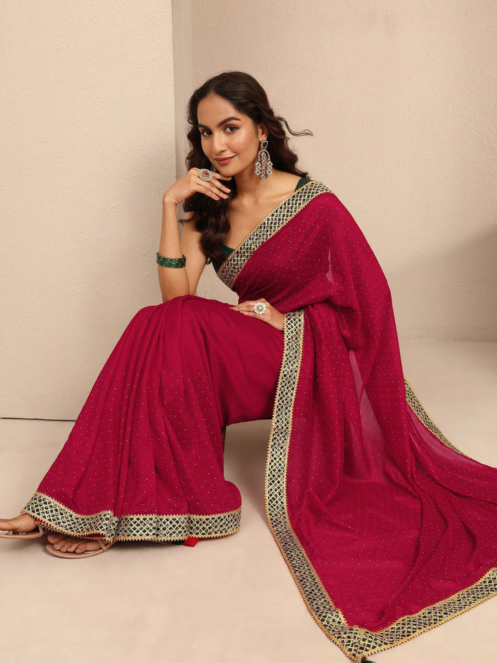 Red Embellished Silk Blend Saree With Unstitched Blouse Piece