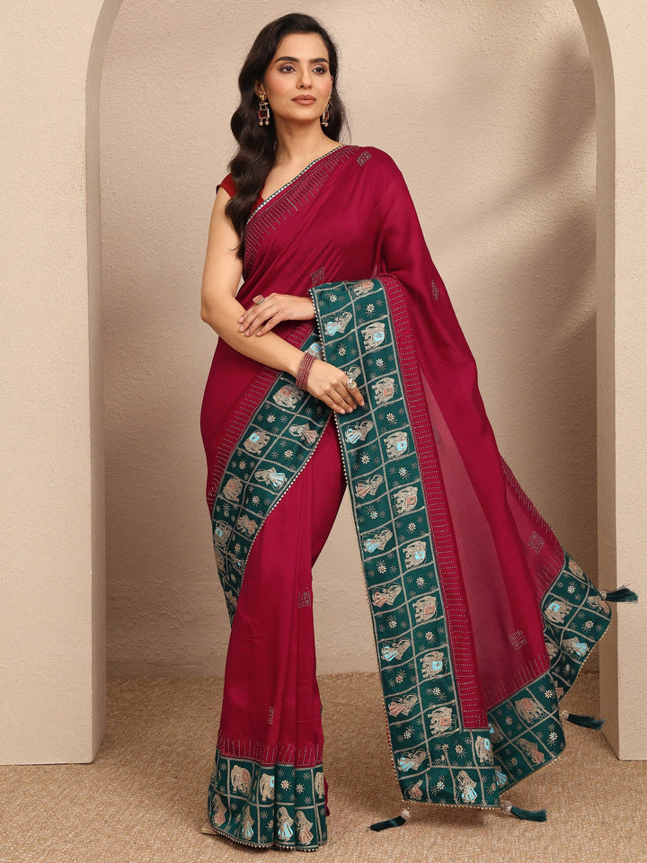Red Embellished Silk Blend Saree With Unstitched Blouse Piece