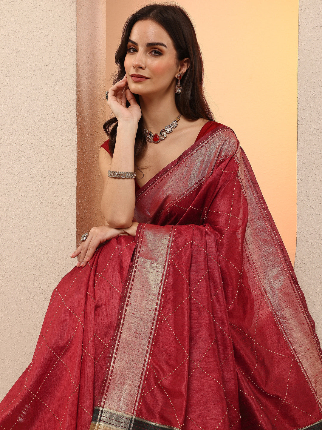 Red Embellished Silk Blend Sarees With Unstitched Blouse Piece