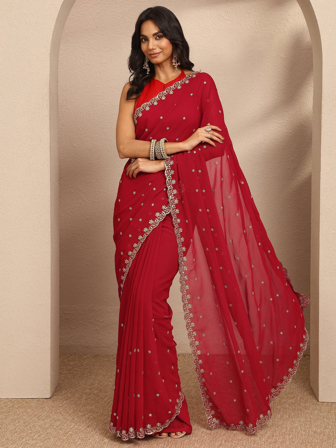 Red Embroidered Georgette Saree With Unstitched Blouse Piece
