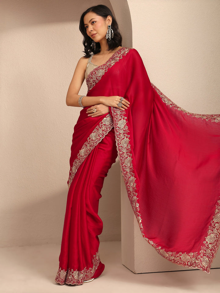Red Embroidered Silk Blend Saree With Unstitched Blouse Piece