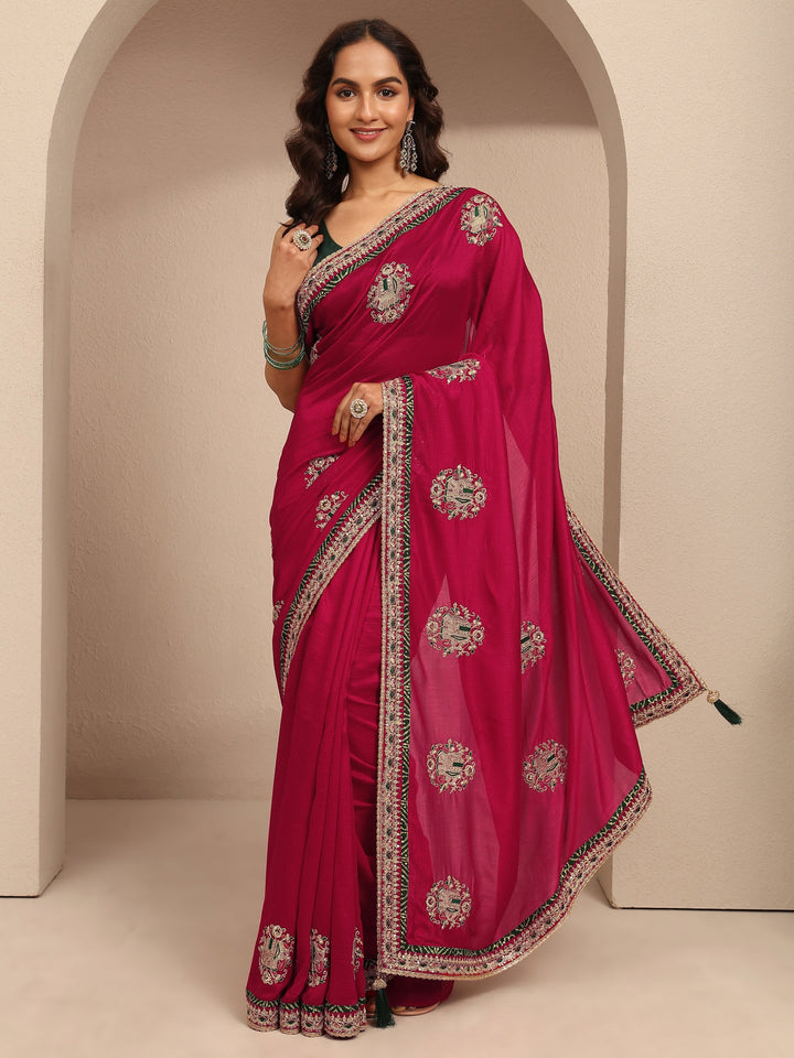 Red Embroidered Silk Blend Saree With Unstitched Blouse Piece