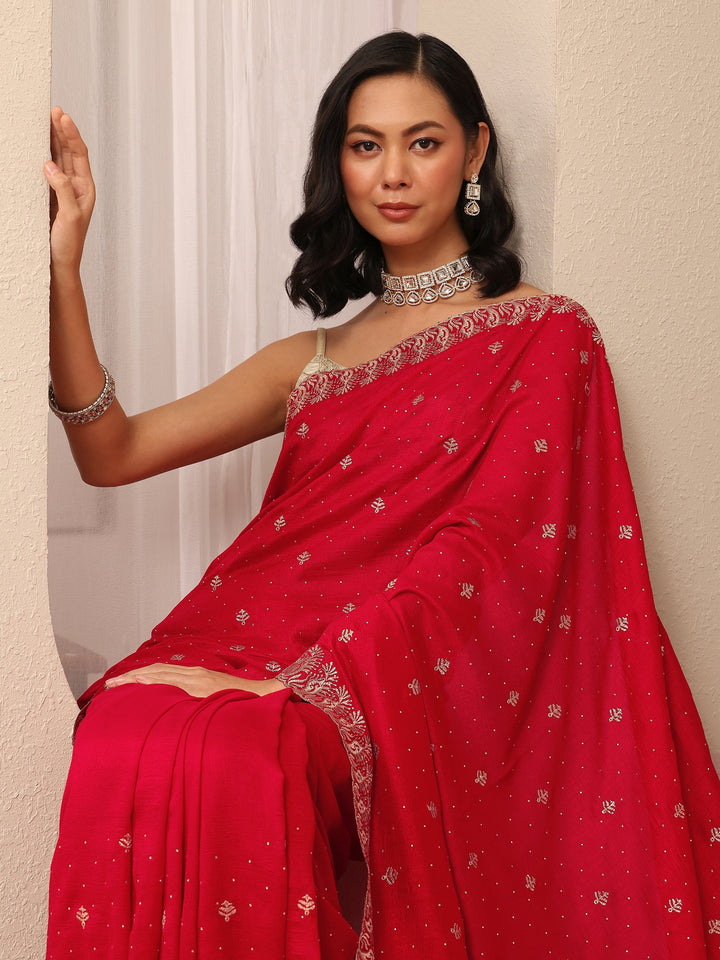 Red Embroidered Silk Blend Saree With Unstitched Blouse Piece