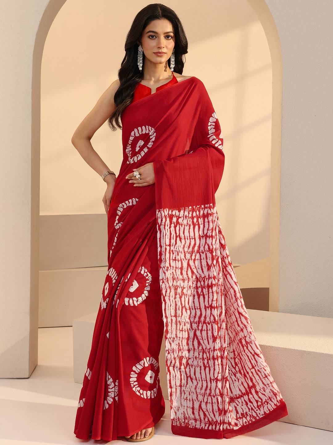 Libas Red Shibori Print Cotton Saree