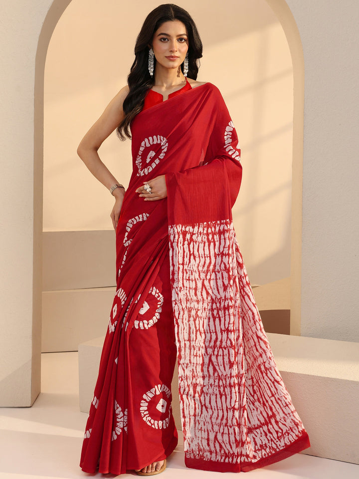 Libas Red Shibori Print Cotton Saree